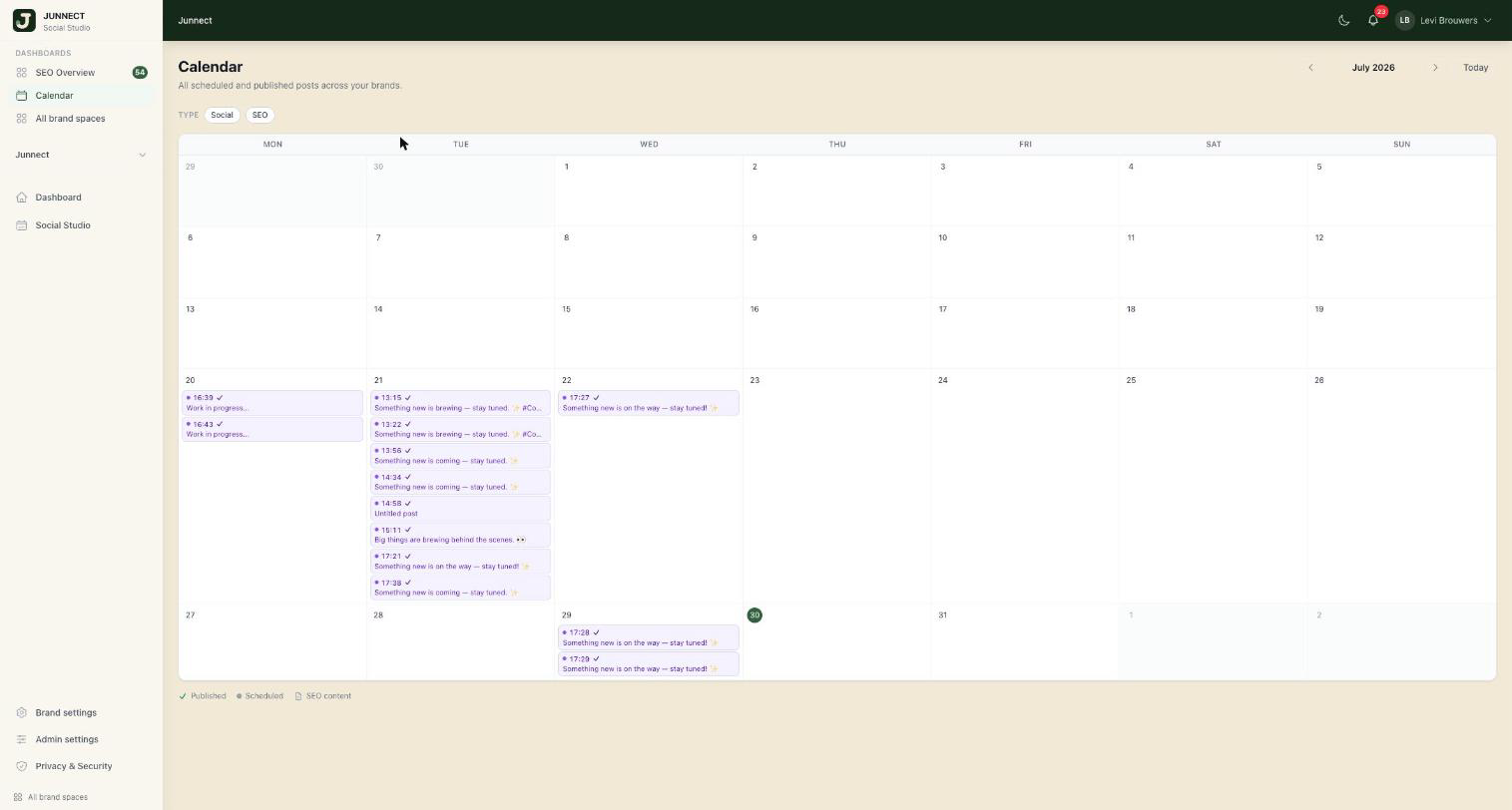Screenshot of the Junnect Studio content calendar, showing scheduled posts across a month for one brand.