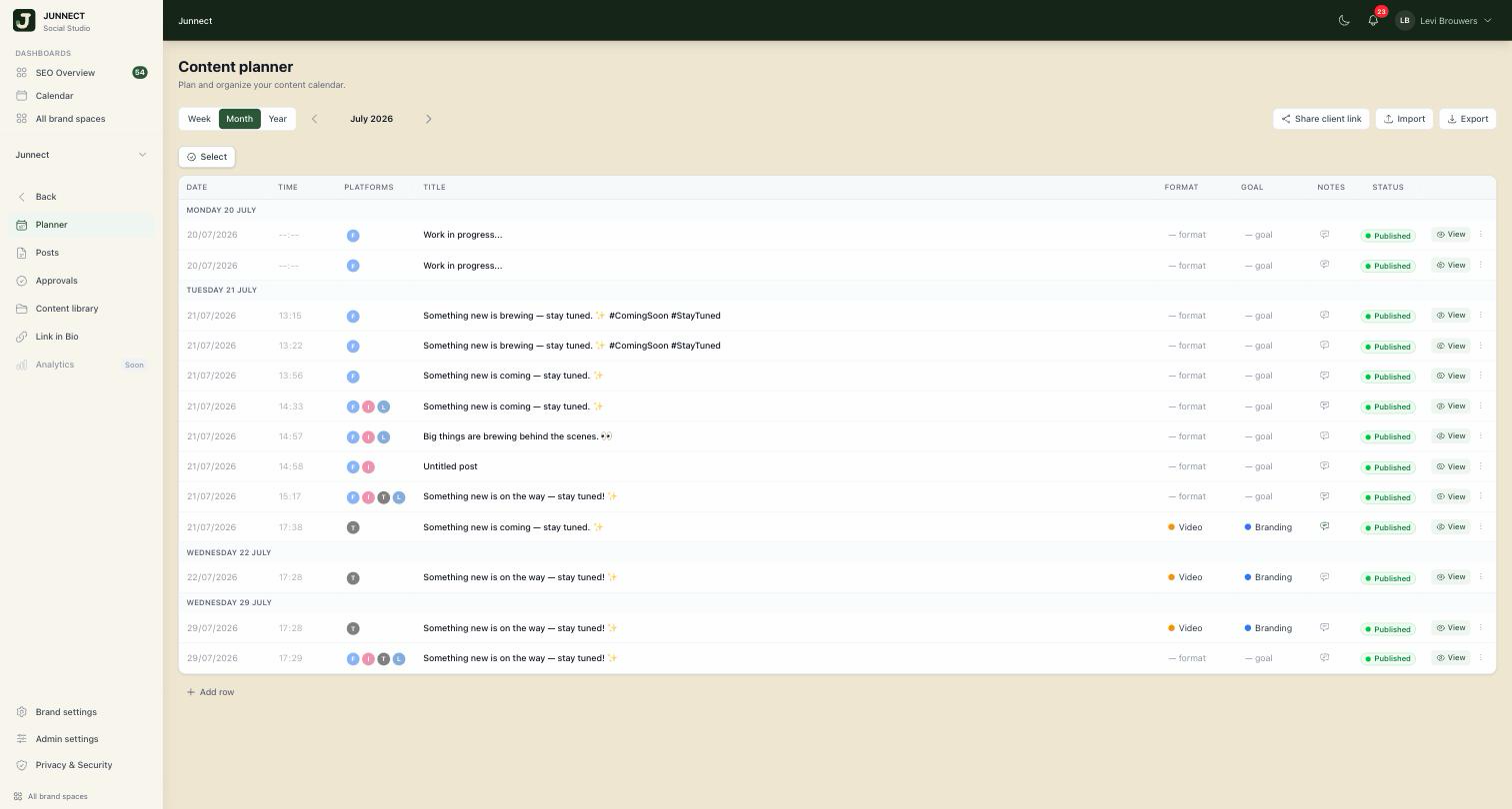 Screenshot of the Junnect Studio content planner, listing scheduled and published posts with their platforms, publish times and status.